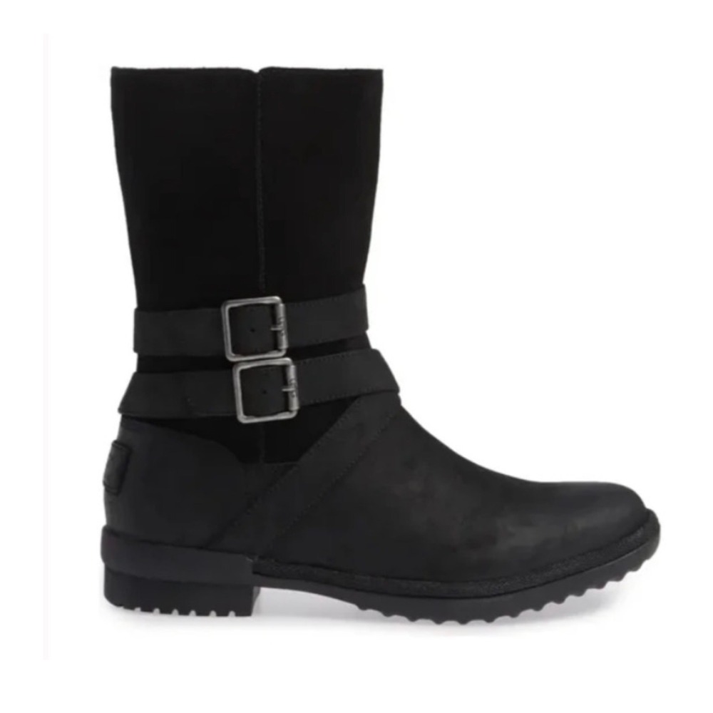 UGG Black Leather Suede Waterproof Moto Boots Womens 7‎